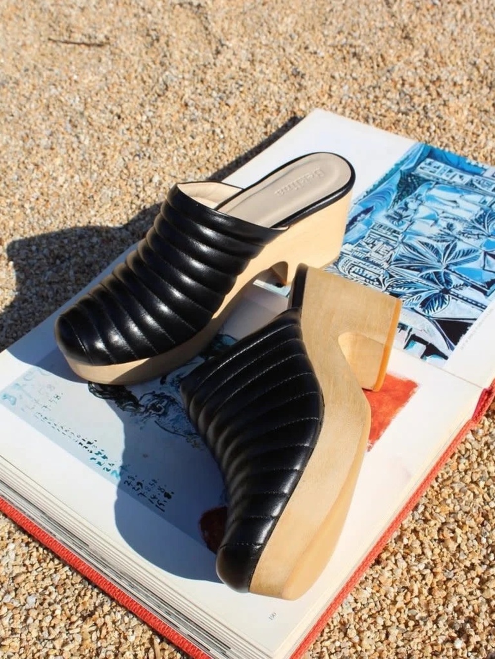Beklina Black Quilted Leather Clog Mules with Natural Wood Heel